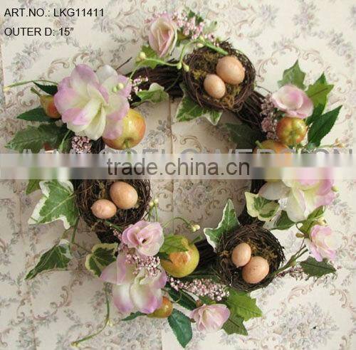 2014 Hot Sale 15" Artificial Polyster Rose with Eggs Easter Wreath
