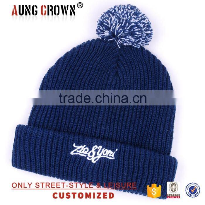 acrylic embroidered mens knit beanie pom pom hat