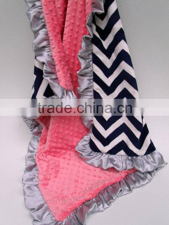 Personalized Navy Chevron With Peach Pink Dots Minky Baby Minky Blanket