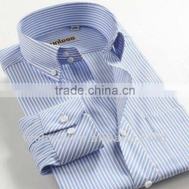 European style long sleeve latest brand design button collar fashion formal dress 100% cotton blue men stripe shirt