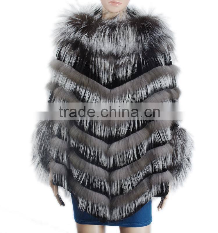 Women beautiful fur poncho silver fox fur poncho rex rabbit fur poncho sale KZ150082
