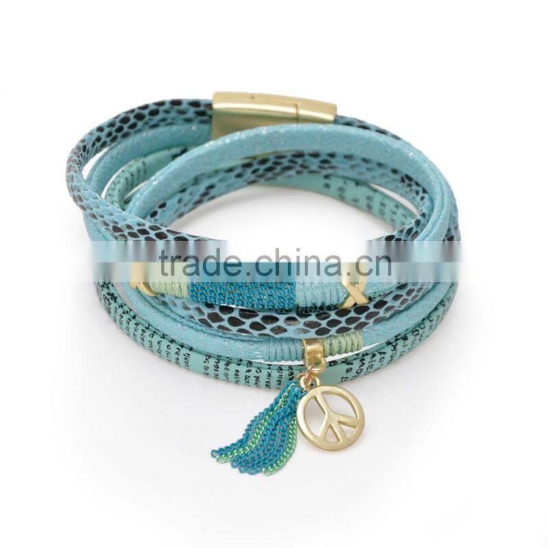 Blue Snake Leather Bracelet with Magnetic Clasp Multi Layer Charm Tassel Leather Bangle