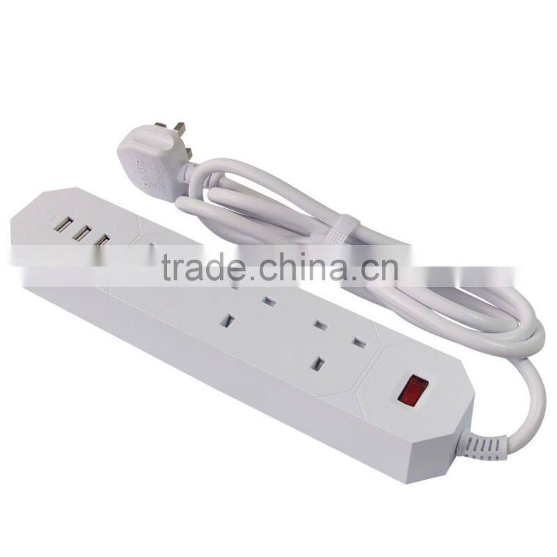OEM AC Output Rated 13A/250V/3250W UK Plug 3 Pin 3-Outlet Power Strip with 3USB Charging Ports Charger
