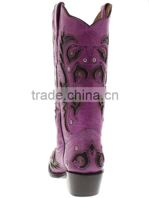 Women's New Purple Black Overlay Western Cowgirl Boots Rhinestones Studded Shaft
