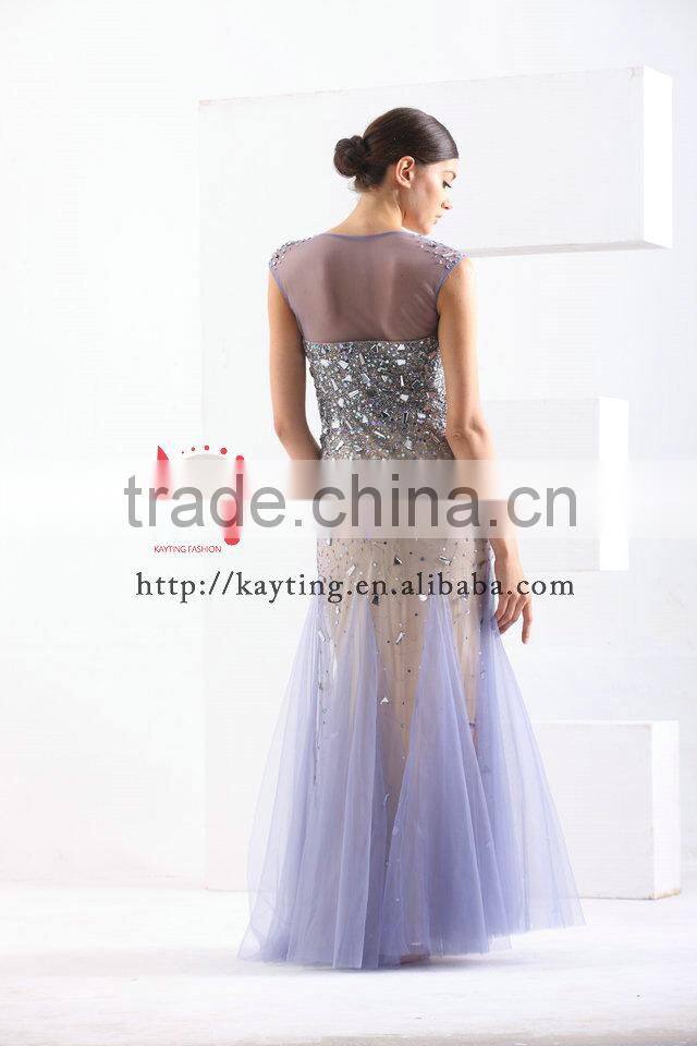 Magnificent Cap Sleeve Transparent Fishtail Beaded Bling Long Lebanon Evening Dress