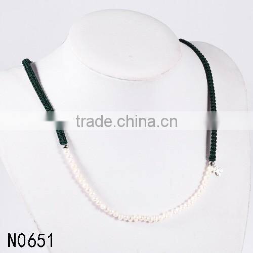 Best selling jewelry black braid rope with stainless steel bear pearl necklace