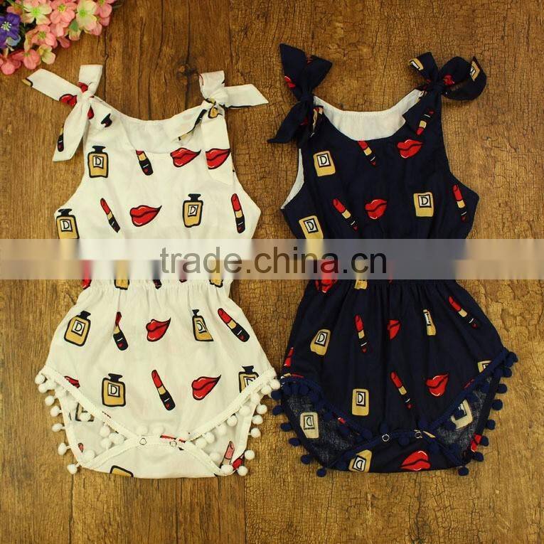Wholesale Newborn infant baby clothes girl romper plain custom print navy dark blue onesie pom poms lipstick bubble rompers