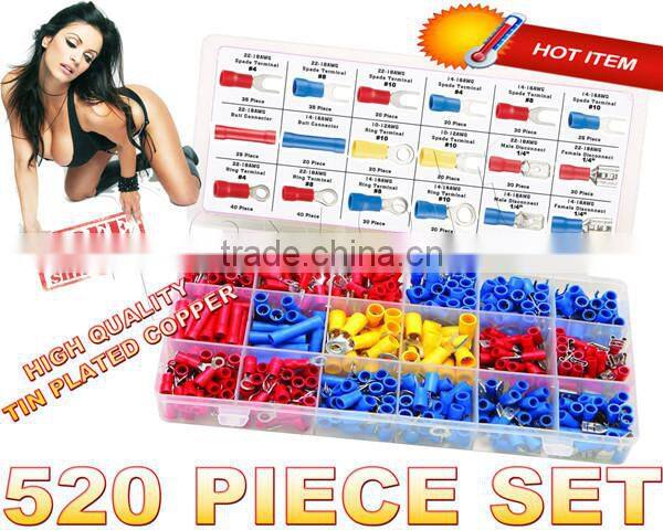 520 Pc Wire Terminal Kit Spade Butt Ring electrical Connector splice 22-10 gauge Terminal Kit
