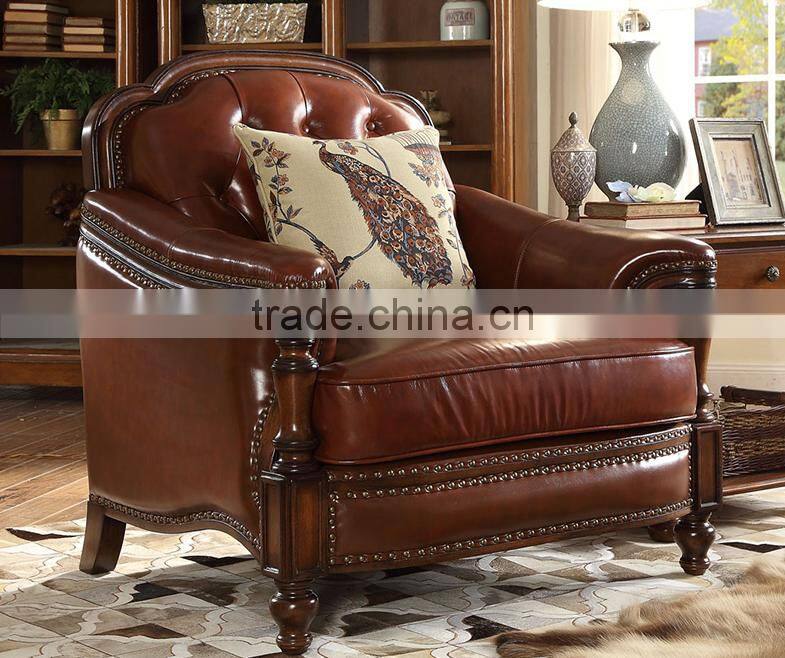 American classic concise solid wood hand carved living room furniture genuine leather 1+2+3 sofa set