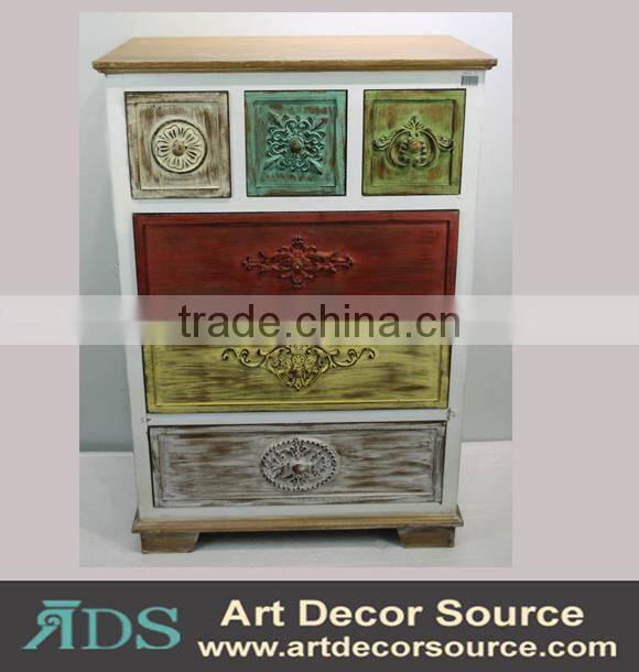 Antique metal frame console table with 4 wood drawers and shelf