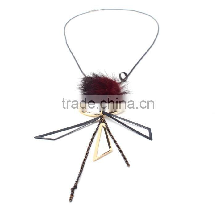 mink fur ball hoop triangle pendant necklace hot selling geometric necklace