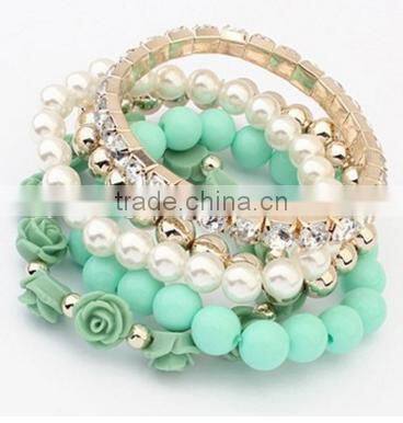 2016 Trendy Fashion Candy Color Pearl Rose Flower Multilayer Charm Bracelet & Bangle For Women Fashion Jewelry