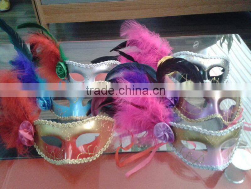 party mask with cloth flower and feather decoration accessory