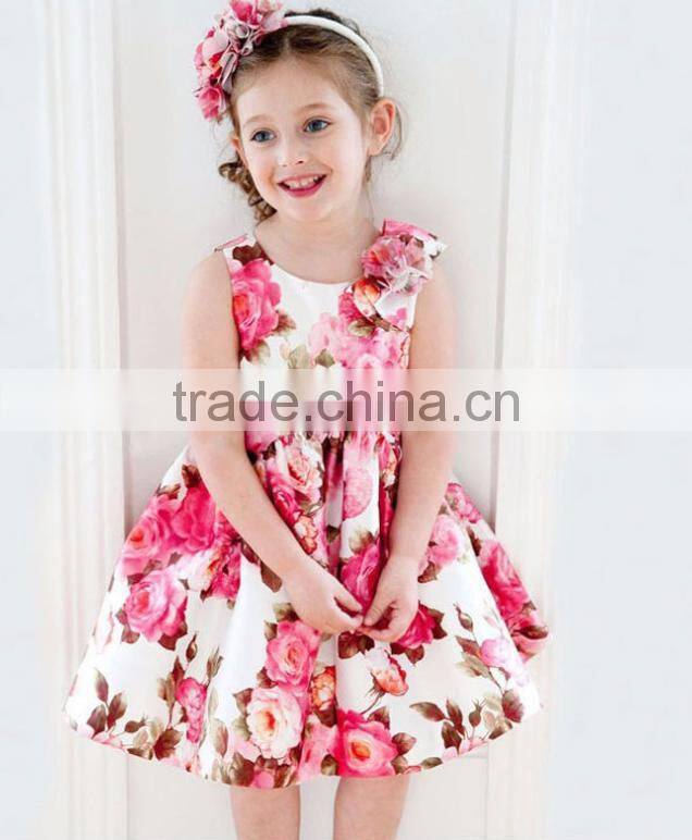 2016 summer new big flower printing sleeveless dress bowknot vest girls skirt