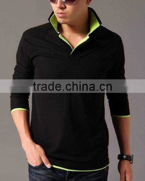 Long sleeve cotton POLO shirt double layers collar