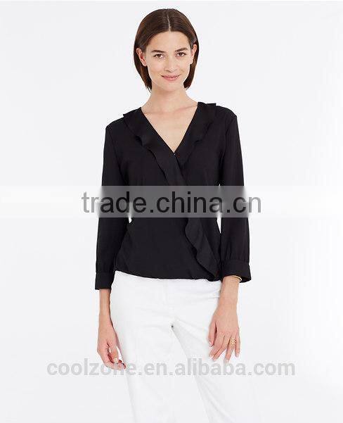 2015 new collection blouse 100% polyester dissymmetry front lady blouse