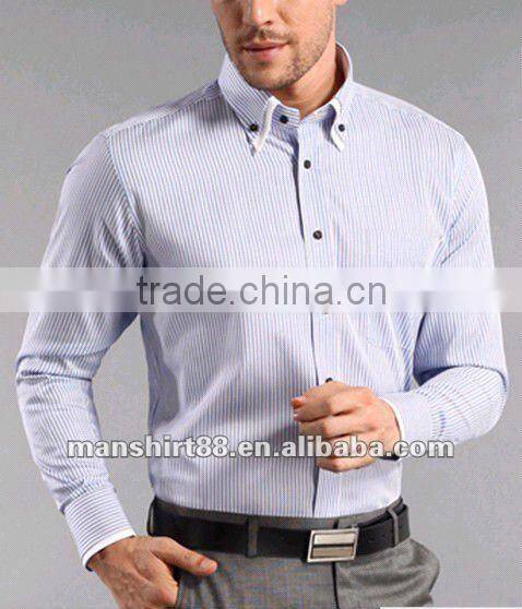 Exclusive style Yarn dyed Blue Stripes 100% Natural Cotton men's dress shirt with Double Collar&Cuff
