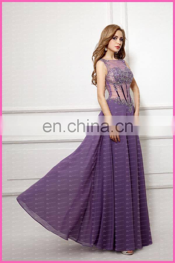 Real Photo Crystal Detailing Sexy See Through Bodice Chiffon Evening Dress Women