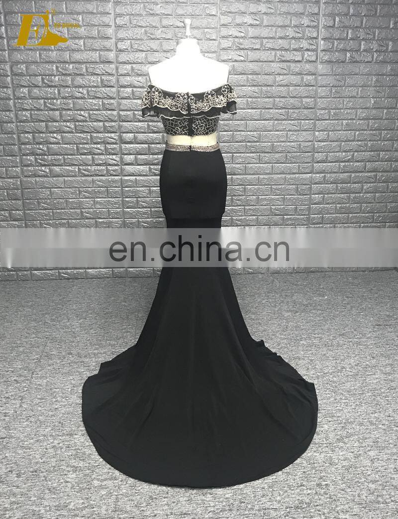 Sheath Off Shoulder Embroidery Beaded Black Two Piece Long Prom Dress 2017