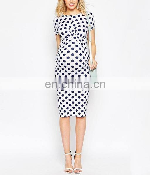 Hot Sale Women Pregnancy Maternity Clothes Jersey Bodycon Dress In Spot Print With Cross Front 2015