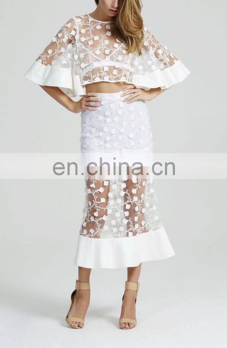 Alibaba China Factory Florals See Through White Mesh Lace Twin Sets Mermaid Prom Dress