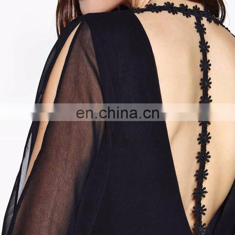 Long sleeves Black sexy back open dress for woman with lace trim