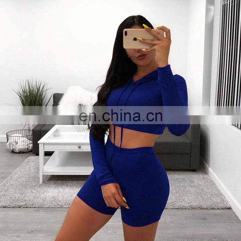 Manufacturer wholesale women's casual sexy hooded shorts sports fitness 2-piece suit custom hoodie crop top