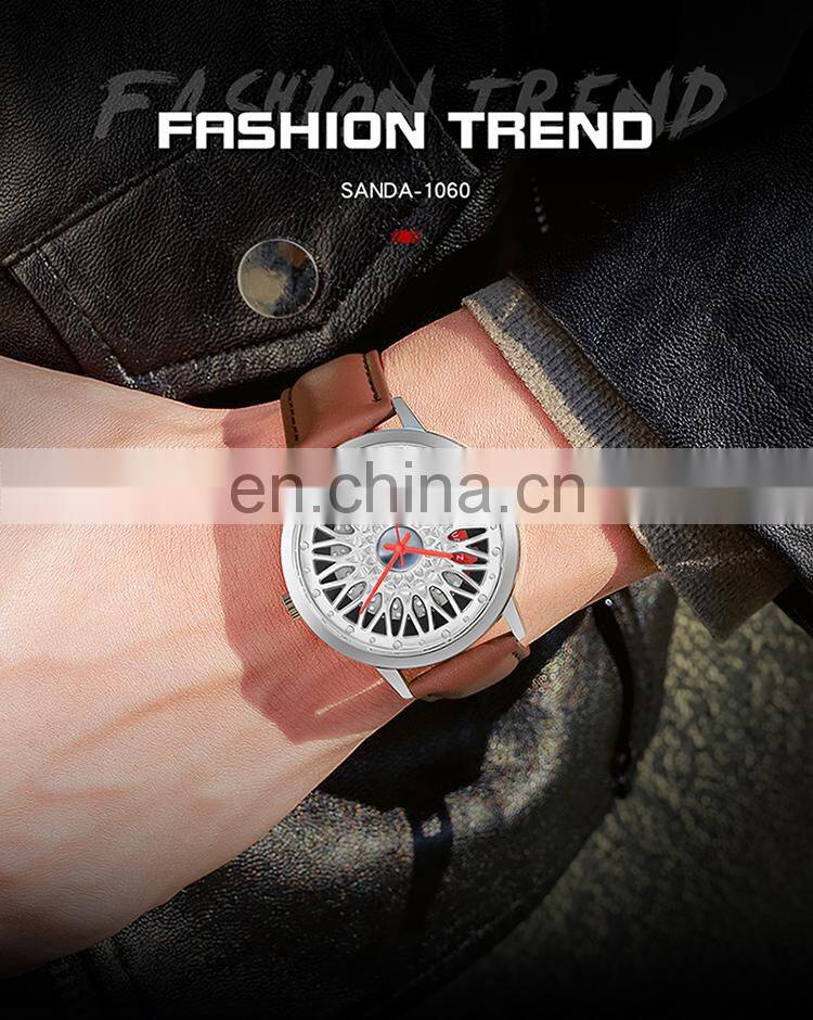 SANDA P1060 Quartz watch for men fashion sport unique dial style leather modern watch winder box