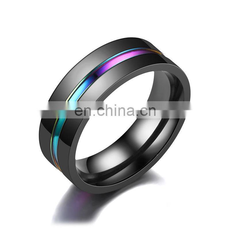 Black Ring for Men Women Groove Rainbow Stainless Steel Wedding Bands Trendy Fraternal Rings Casual Male Jewelry