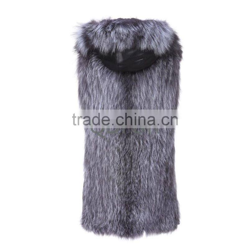 Fashion Women Winter Real Silver Fox Fur Vest With Sheep Fur Hoodied D0007