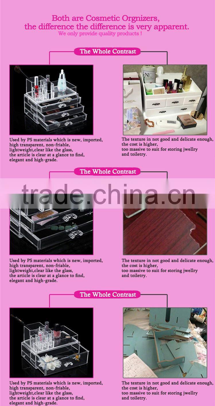 2016 longshixiang Newest fahional PS wholesale makeup organizer transparent two drawers jewel case