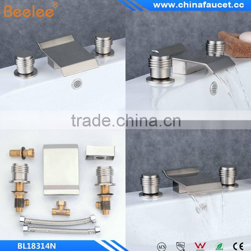 Contemporary Waterfall Stainless Steel Two Handles Three Holes Bathroom Waterfall Basin Mixer Vessel Faucet Taps Bathtub Faucet