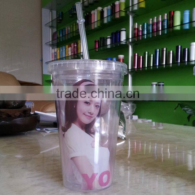 Double wall plastic drinking bottle, ,straw drinking bottle, clear plastic bottle