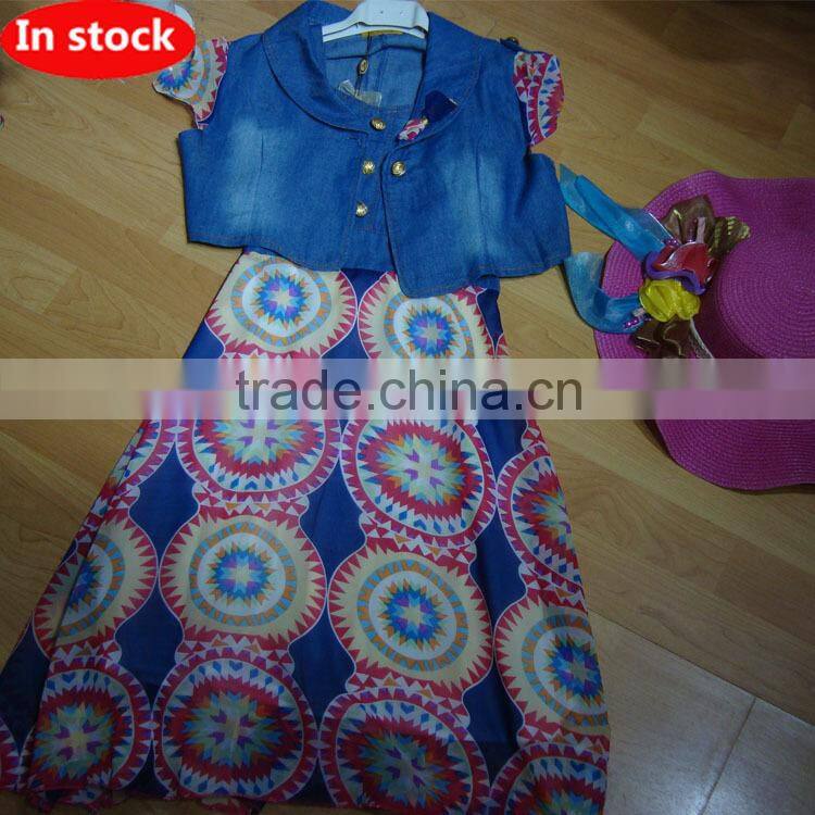 new design chiffon dress 2015 for kids and with low price in stock clothing and girls chiffon skirts with denim