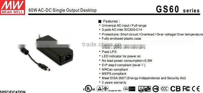 Mean well GS60A05-P1J 60w 5v adaptor 60W Desktop power supply
