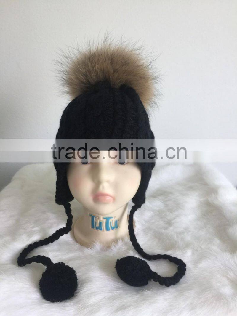 New Design Fur Pom Pom Hats Crochet Baby Hats Children Fur Bobble Hats