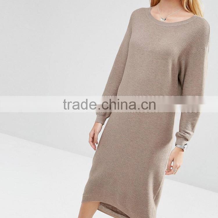ladies designer office dresses long sleeve knitted wear scoop neck midi work dress
