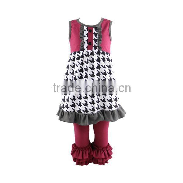 Wholesale 2016 children outfit Houndstooth printed dress match wine triple ruffle pants clothing set baby girl fall clothes