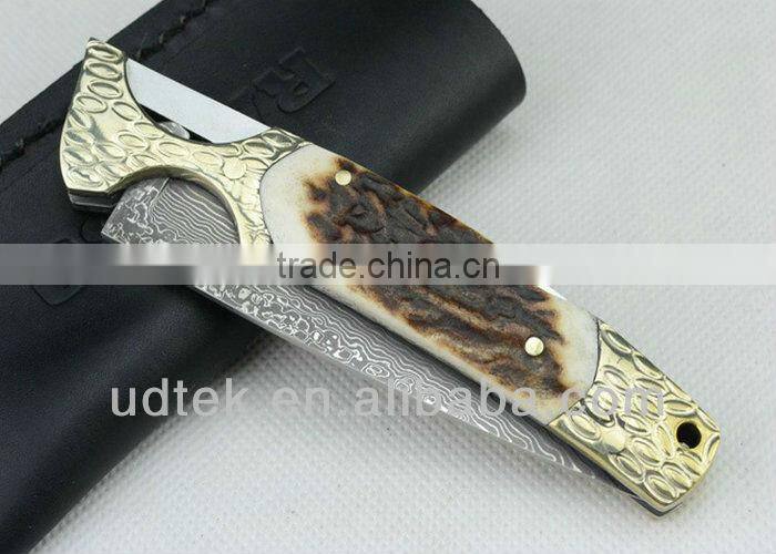 Antler + Brass Handle OEM Damascus Steel Folding Knife Collection Knife Hand Tool UDTEK01304
