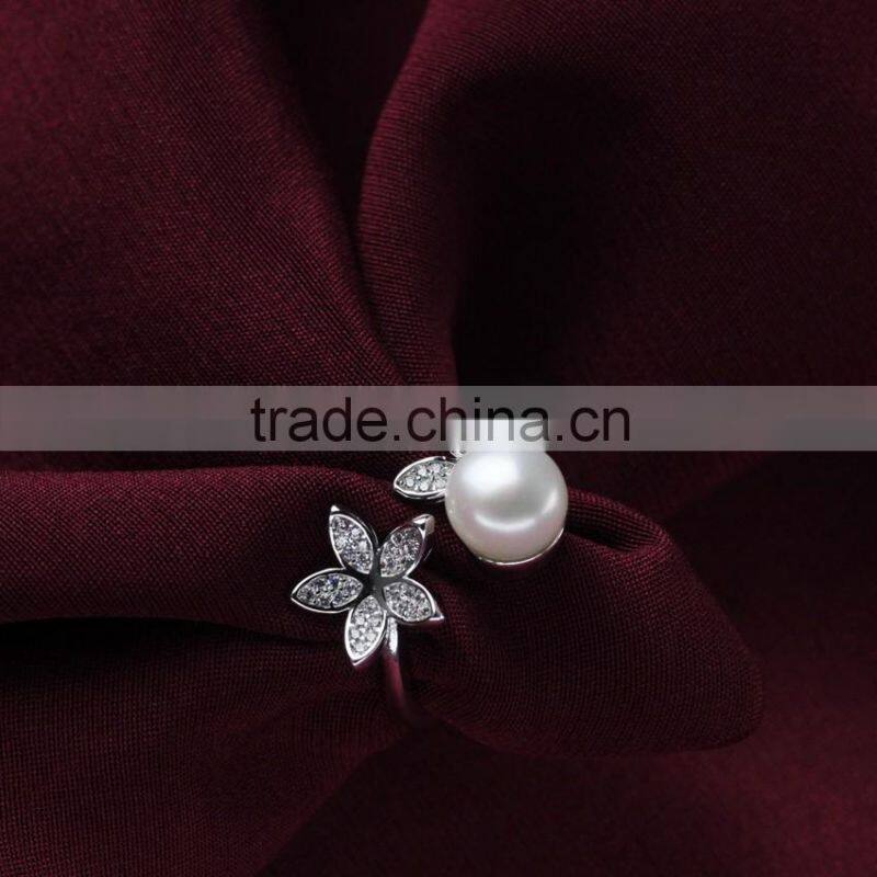 pure white resizable open size latest design natural freshwater pearl silver ring