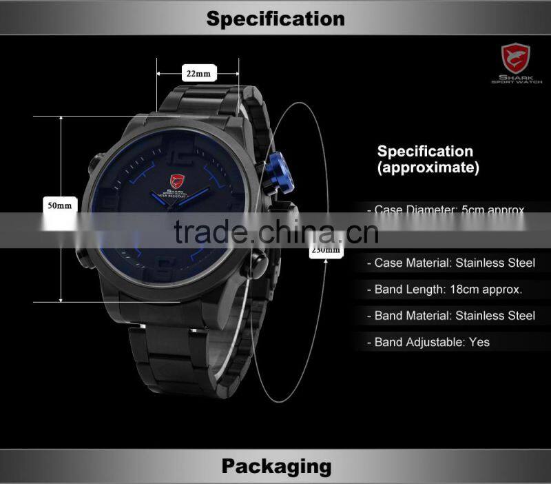 SHARK Stainless Steel Japan Movement Analog Date Alarm Quartz Wrist Mens Sport Digital Watch