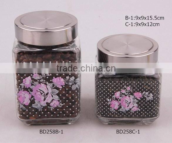 square glass jar with decal and metal lid