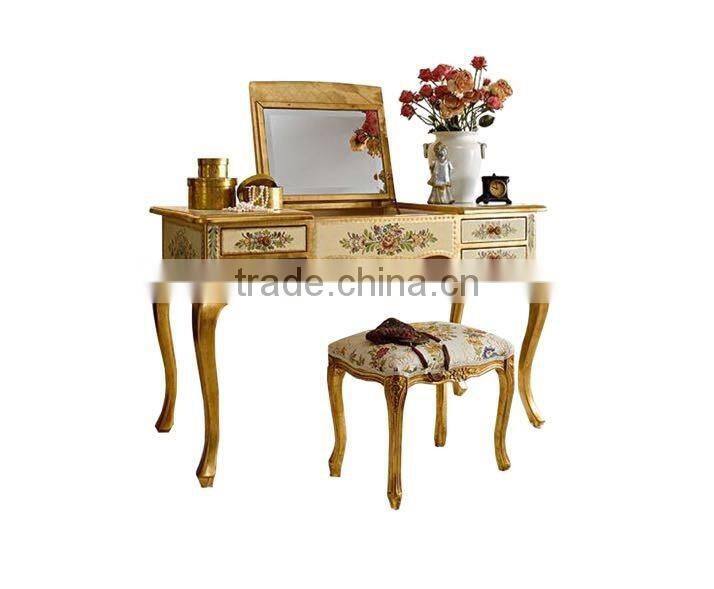 Classical European Flower Hand Painting Designed Dressing Table Mirror and Chair Set