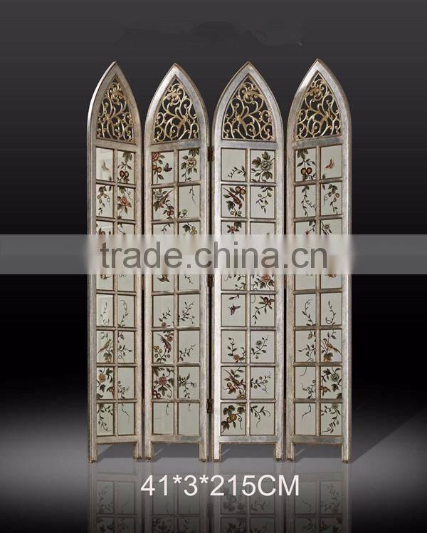 Traditional Hand Painting Wooden Floor Screen, Retro Furniture Art Painting Folding Screen, Engraved Four Panel Screen
