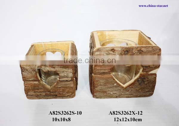 small wood candle holder with glass