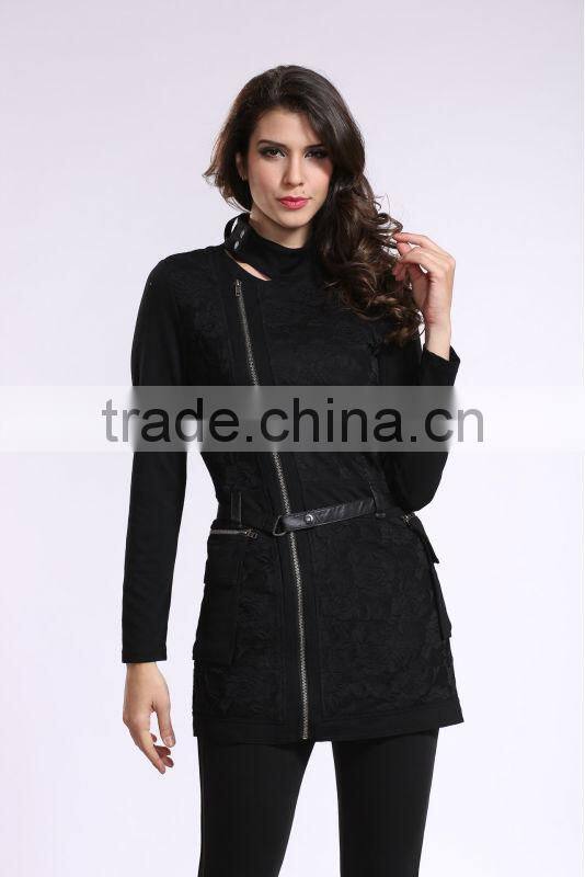 2014 New Arrival Ladies Asymmetrical Zip Long Coat Fashion Design Winter Overcoat