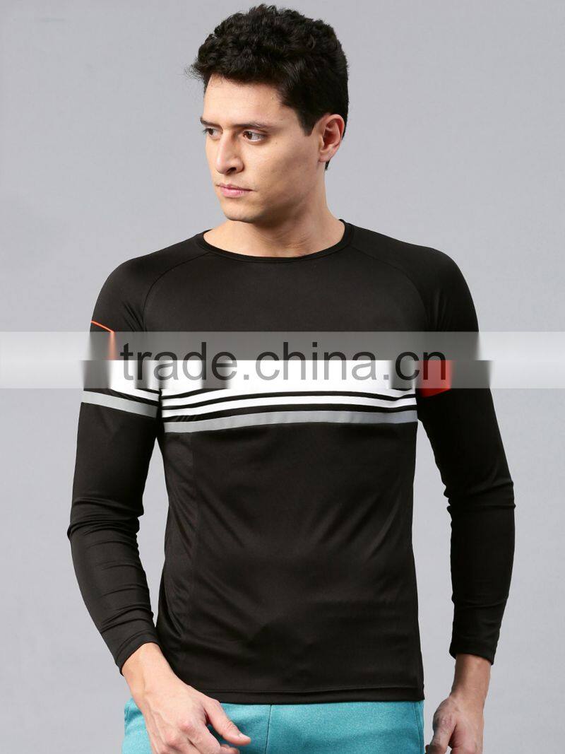 Black Striped Round Neck Rapid Dry T-Shirt Striped Style Waist Length Tee Round Neck Long Sleeves Anti-Microbial Moisture Sport