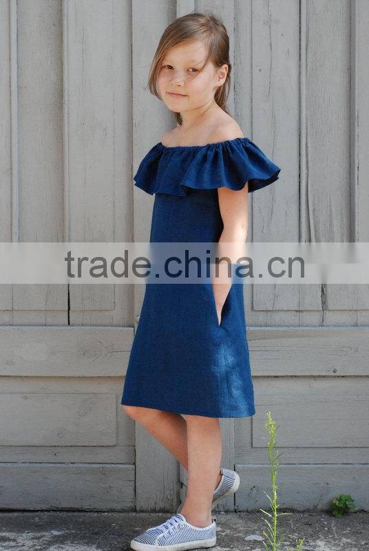 Wholesale Kid Clothing Elegant Summer Girls dress Off shoulder Ruffle Dusty Pink Linen Girl Child Dress