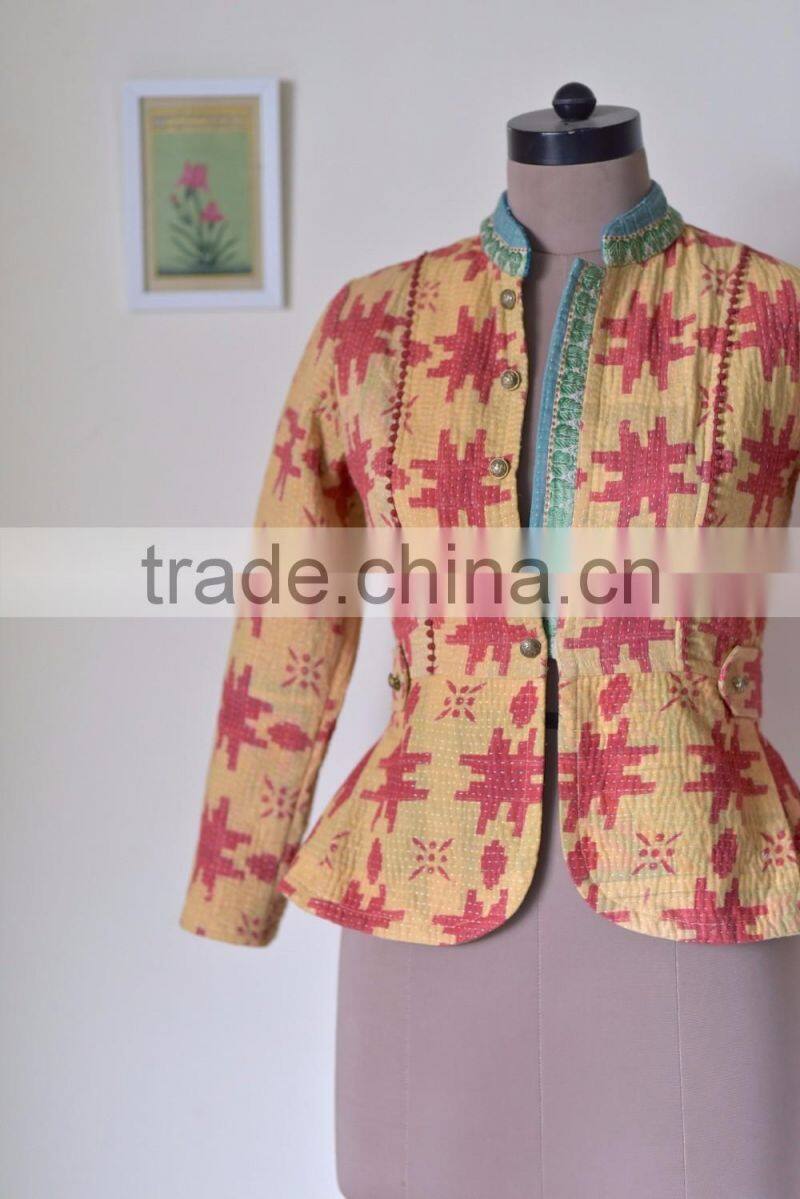 Handmade Kantha Boho Jacket in Green & Burnt Orange print ~ Small