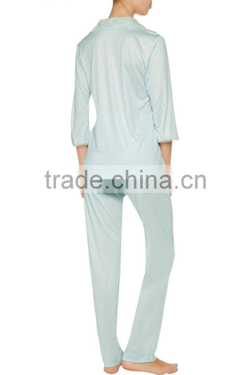 Wholesale Best Selling Women's Sleepwear Lace-Trimmed Stretch Jersey Pajamas Set